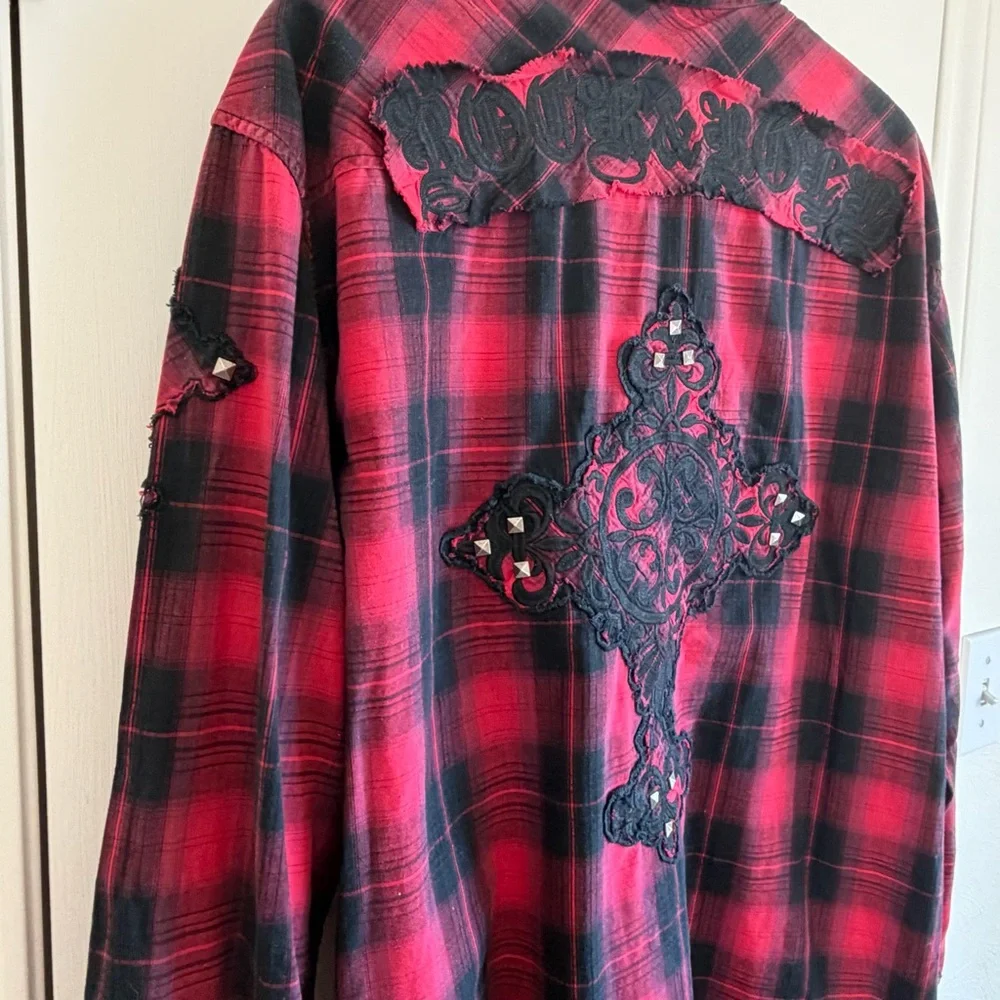 Rock & Roll Cowboy Men XL Red Plaid‎ Long Sleeved Button Down Shirt Embroidered